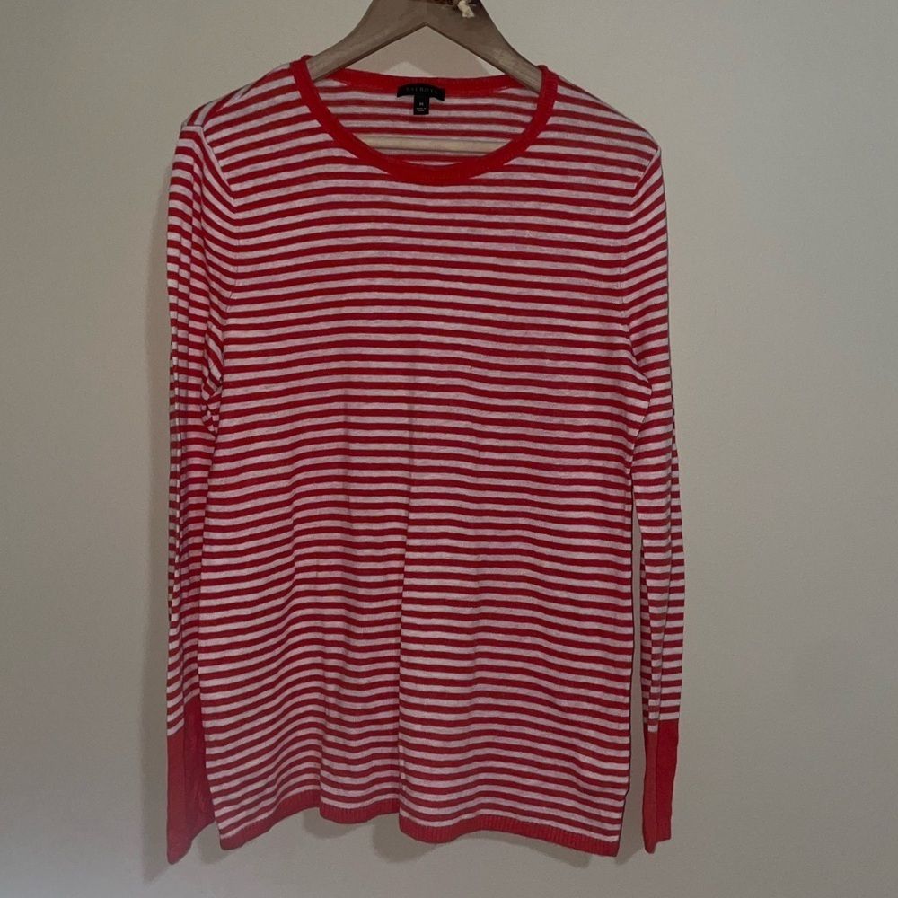 Talbots Red-Orange & White Striped Long Sleeve Linen Blend Top Size Medium